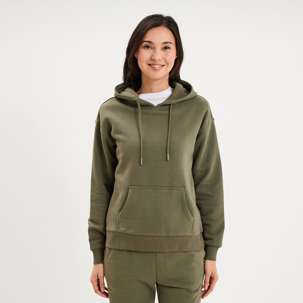 Sweat hoodie 1 poche &agrave; capuche vert kaki femme