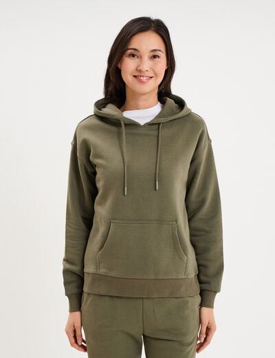 Sweat hoodie 1 poche &agrave; capuche vert kaki femme