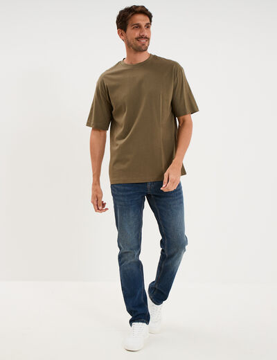 T-shirt col rond coupe relax coton &eacute;pais vert kaki homme