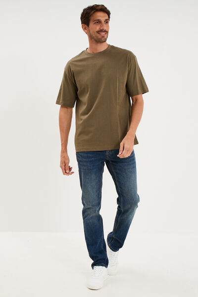 T-shirt col rond coupe relax coton &eacute;pais vert kaki homme