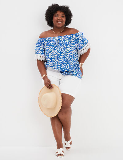 Blouse col bardot manches à dentelle ecru femme grande taille