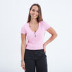 T-shirt court effet côtelé col en V rose femme
