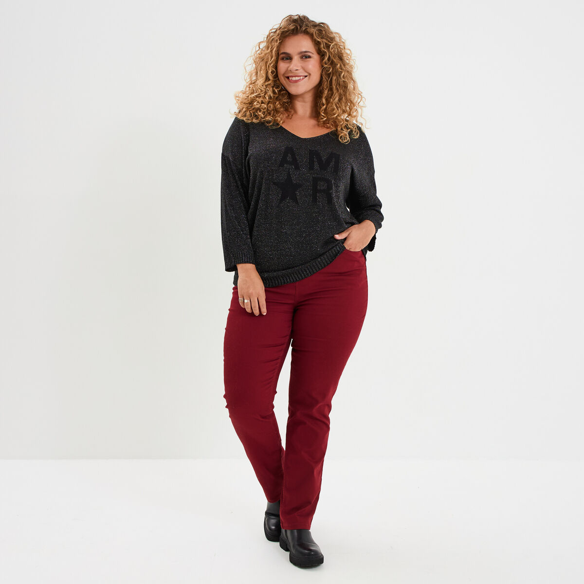 Pull manches 3/4 chauve-souris noir femme grande taille
