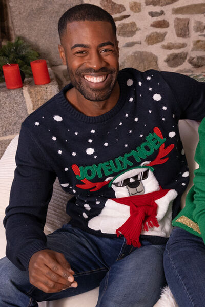 Pull de Noël détails fausse fourrure bleu marine homme