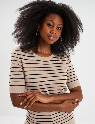 Pull manches courtes col rond beige femme