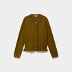 Gilet col rond &agrave; volants boutonn&eacute; vert olive femme
