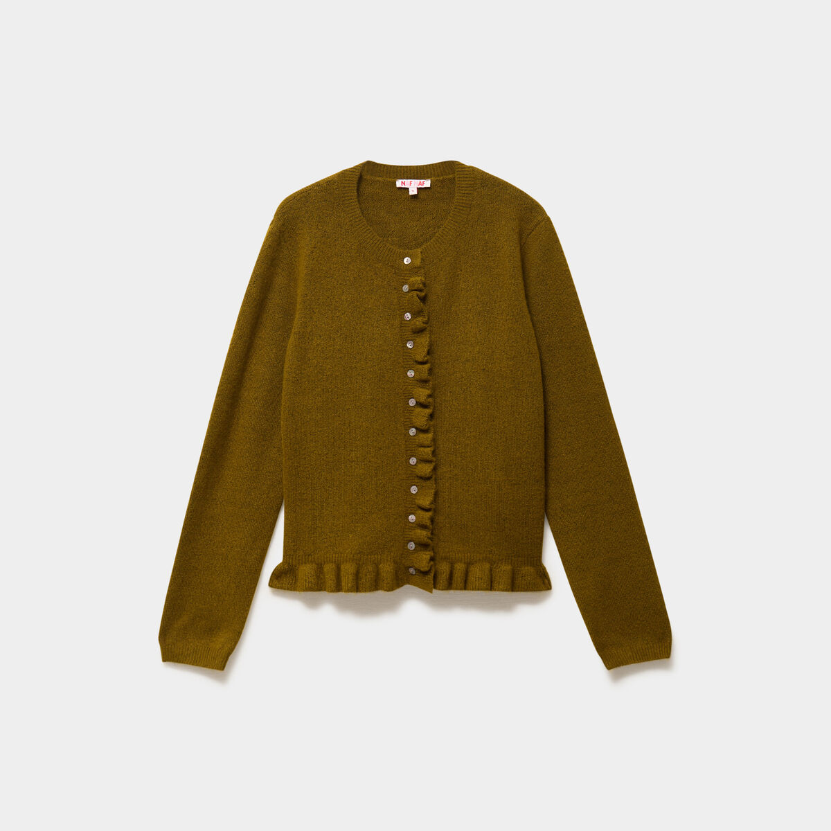 Gilet col rond &agrave; volants boutonn&eacute; vert olive femme