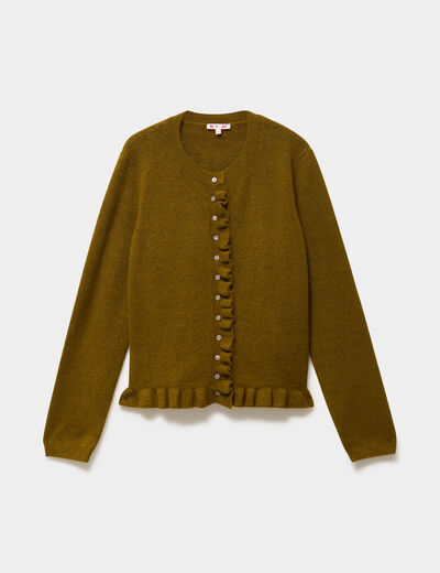Gilet col rond &agrave; volants boutonn&eacute; vert olive femme