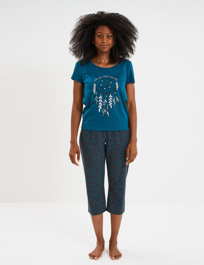 Ensemble pyjama corsaire t-shirt coton bleu canard femme