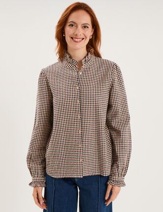 Chemise &agrave; volants manches longues bordeaux femme