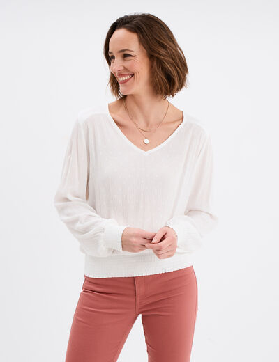 Blouse col en V taille smockée blanc femme