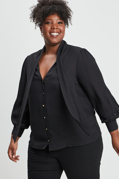 Chemise à col lavalière manches longues noir femme grande taille