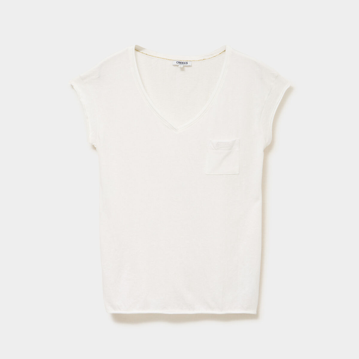 T-shirt col v poche poitrine blanc femme