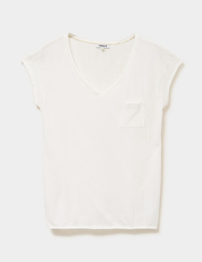 T-shirt col v poche poitrine blanc femme