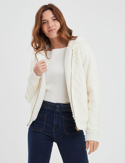 Sweat zippé doublure effet sherpa ecru femme
