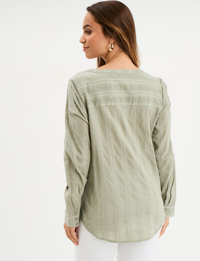 Blouse droite col mao coton vert kaki femme
