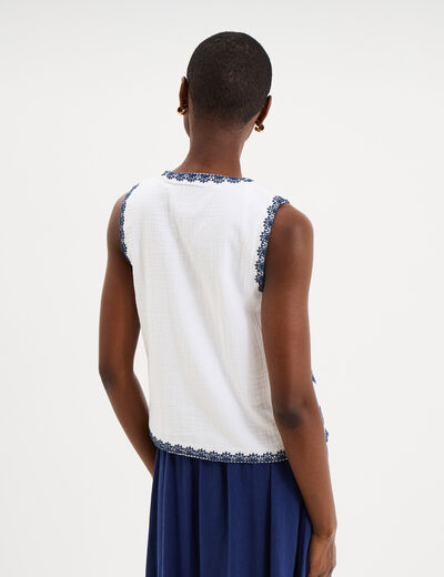 Gilet sans manches brod&eacute; gaze de coton blanc femme