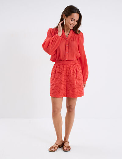 Short broderie anglaise élastiqué coton rouge femme