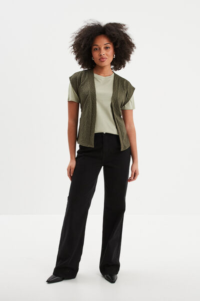 T-shirt col rond manches courtes coton vert kaki femme