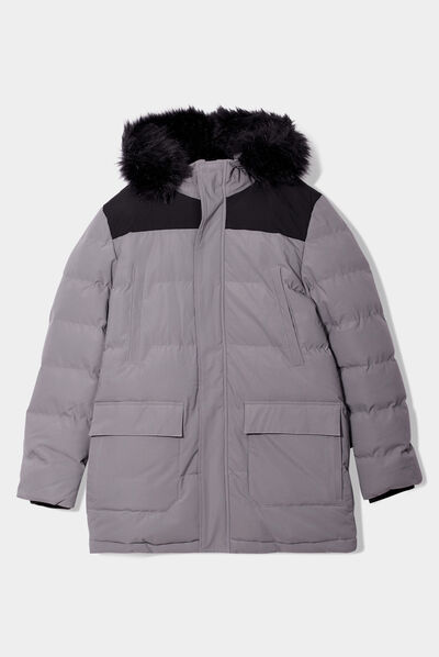Doudoune mi-longue à capuche fourrure gris homme