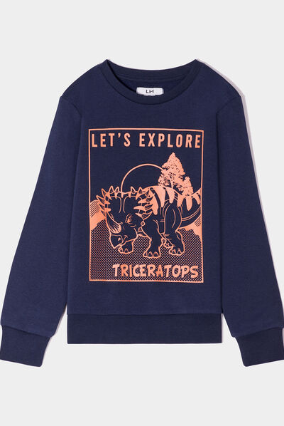 Sweat col rond manches longues dinosaure bleu marine garçon