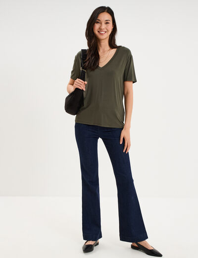 T-shirt fluide col en V manches courtes vert kaki femme