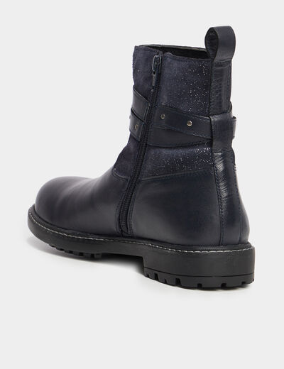 Bottines clous et paillettes en cuir bleu marine fille