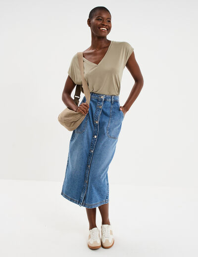 T-shirt col en V manches courtes taupe femme