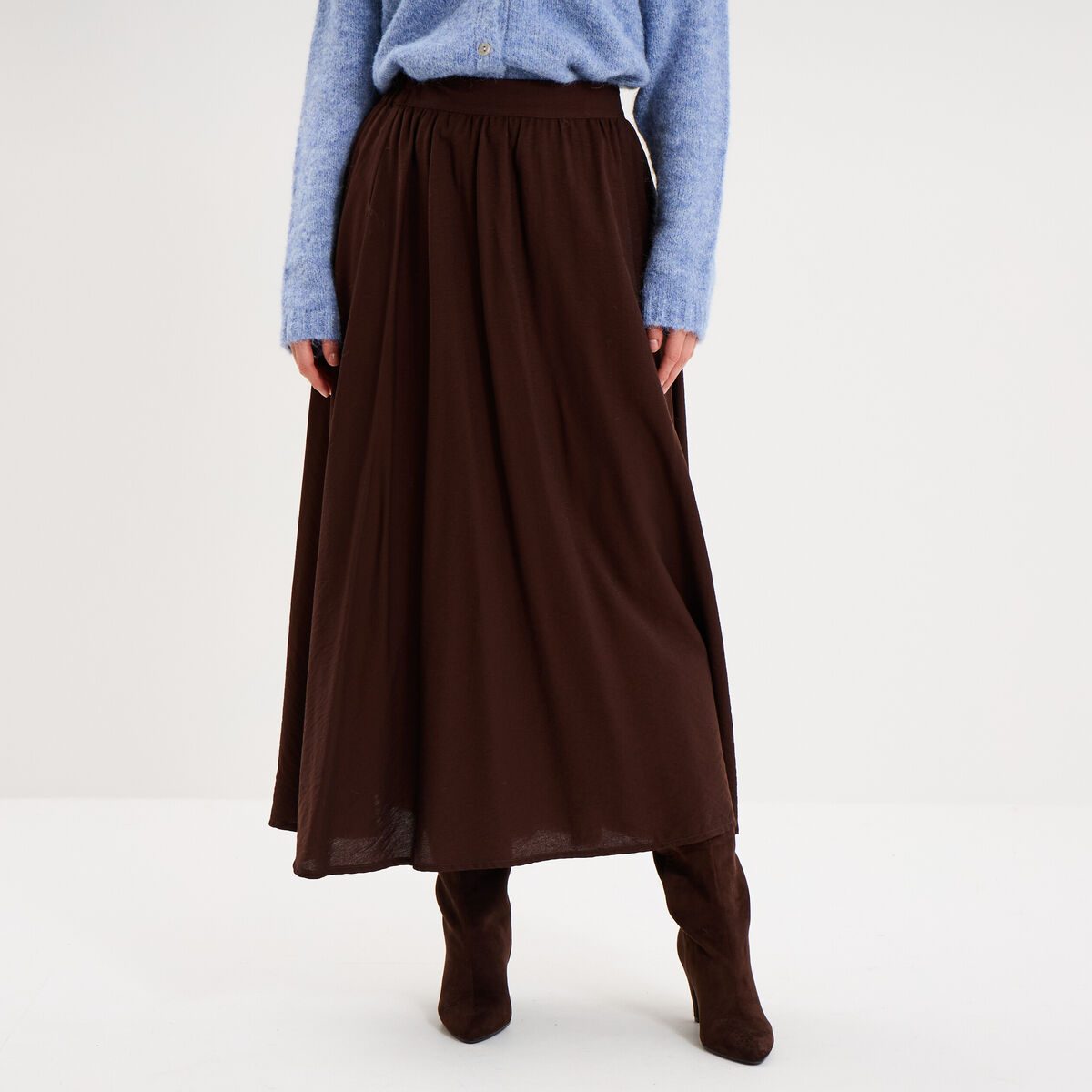 Jupe longue &eacute;vas&eacute;e taille &eacute;lastiqu&eacute;e marron fonc&eacute; femme
