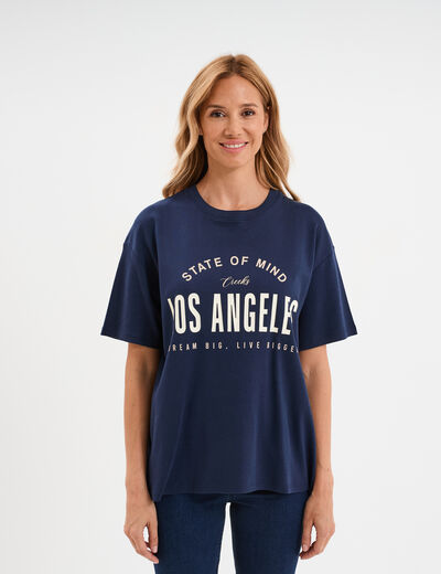 T-shirt col rond manches courtes coton bleu marine femme