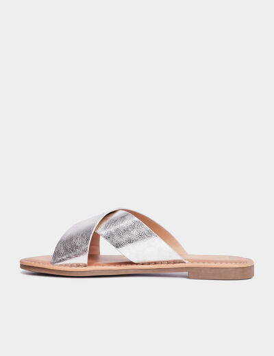 Mules brides larges crois&eacute;es gris argent femme