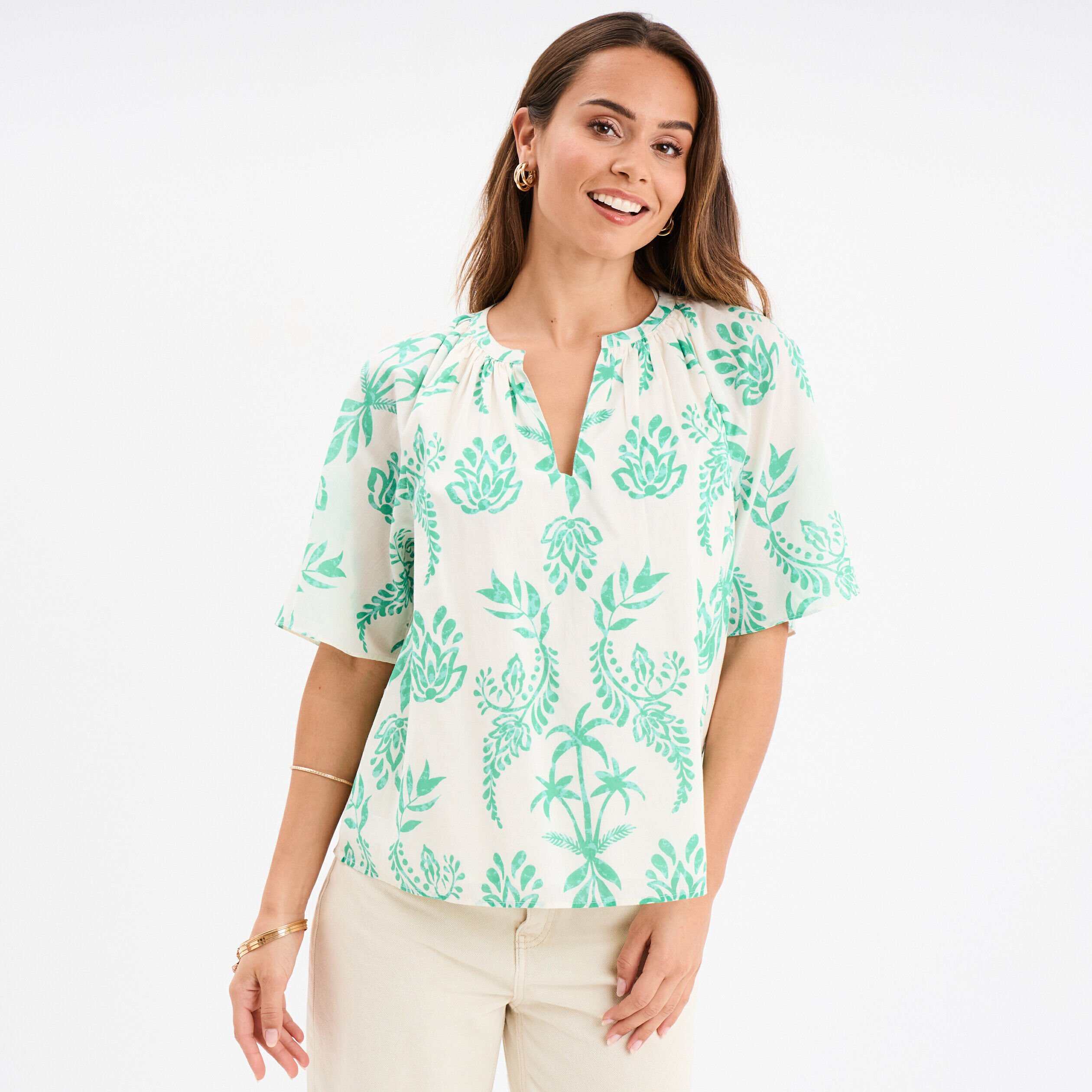 Blouse manches courtes papillons coton ecru femme LH