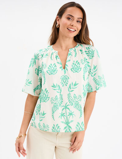 Blouse manches courtes papillons coton ecru femme