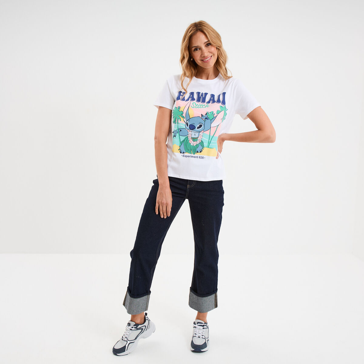 T-shirt manches courtes coton Stitch blanc femme