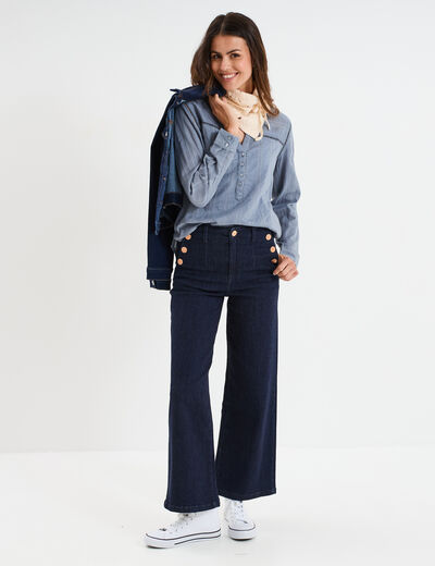 Blouse droite col mao coton bleu gris femme