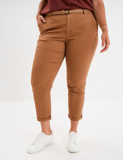 Pantalon chino cigarette ceinturé coton marron clair femme grande taille