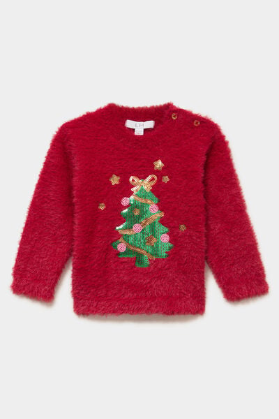 Pull de No&euml;l effet duveteux &agrave; sequins rouge fonc&eacute; b&eacute;b&eacute; fille