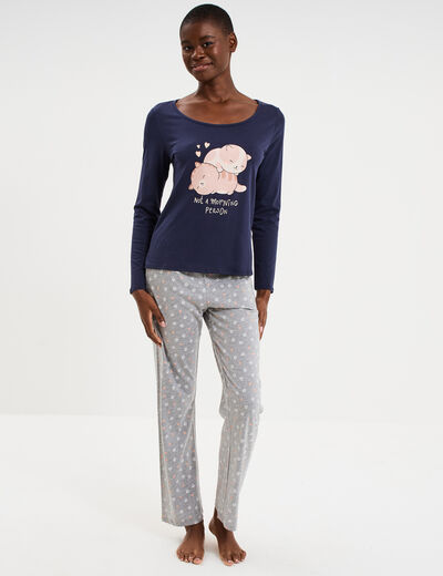 Ensemble pyjama t-shirt pantalon coton bleu marine femme
