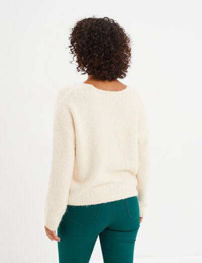Pull col en V manches longues ecru femme