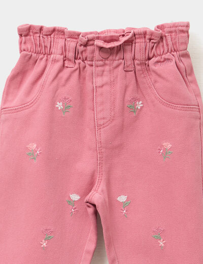 Jeans brodé paperbag taille élastiquée vieux rose bébé fille