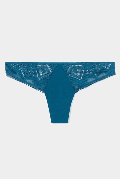 Tanga à dentelle bleu canard femme