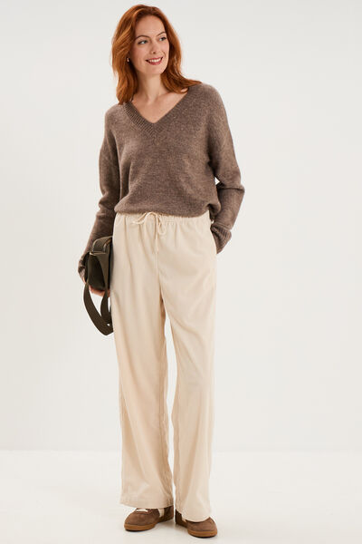 Pantalon large effet velours c&ocirc;tel&eacute; sable femme