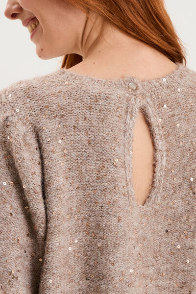 Pull sequins et manches courtes ballons beige femme