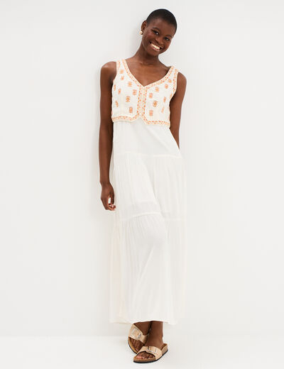 Robe longue buste brod&eacute; sans manches ecru femme