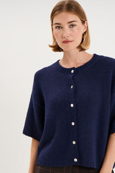 Gilet boutonn&eacute; manches courtes col rond bleu fonc&eacute; femme