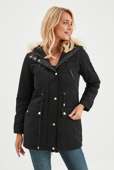 Parka cintrée à capuche fourrée noir femme