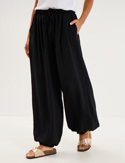 Pantalon ample fluide taille &agrave; coulisse noir femme