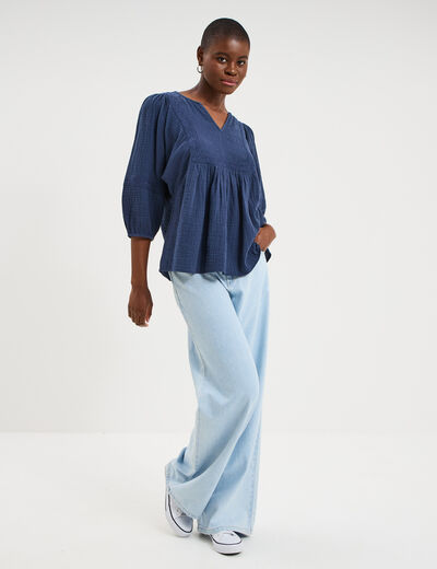 Blouse brod&eacute;e manches 3/4 gaze de coton bleu marine femme
