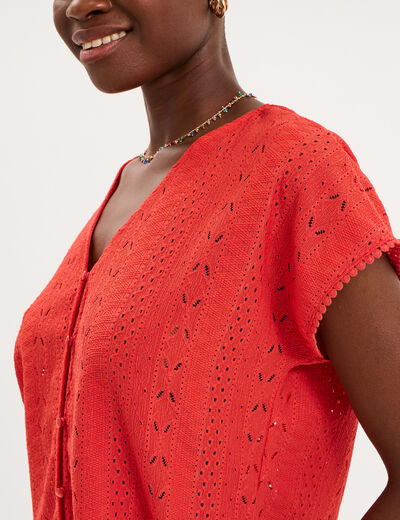 T-shirt broderie anglaise col en V rouge femme
