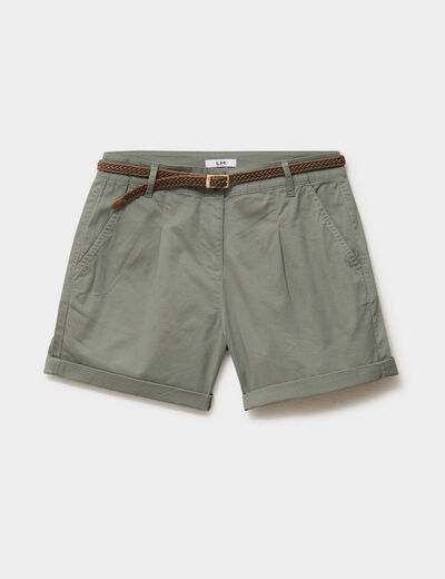 Short chino ceinture tress&eacute;e vert kaki femme